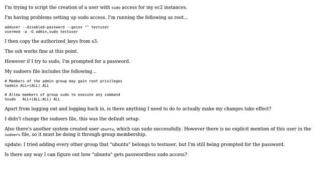 Ubuntu: User in admin group still being prompted for password to sudo смотреть онлайн