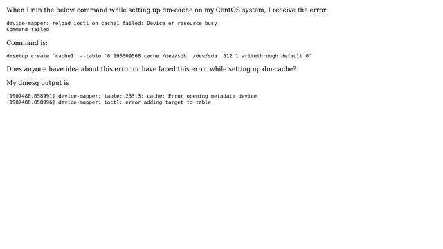 Unix & Linux: device-mapper: reload ioctl on cache1 failed: Device or resource busy смотреть онлайн