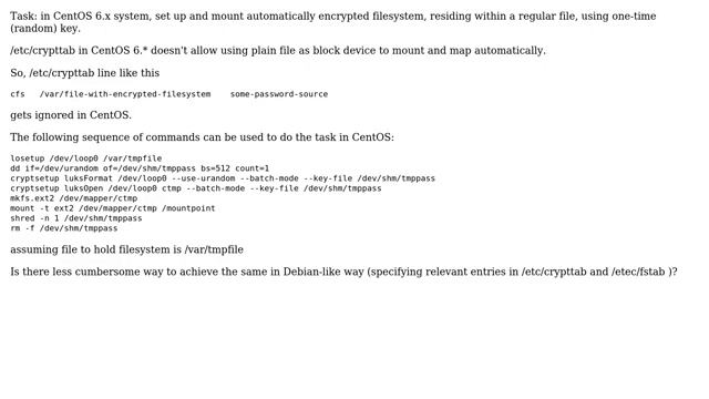 Automounting encrypted filesystem (using random key), residing in regular file under CentOS 6.\* смотреть онлайн