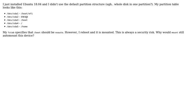 Unix & Linux: Why does a partition marked as noauto still mount on boot? смотреть онлайн