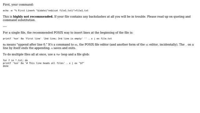 Unix & Linux: Append lines to beginning of all files in a directory (3 Solutions!!) смотреть онлайн