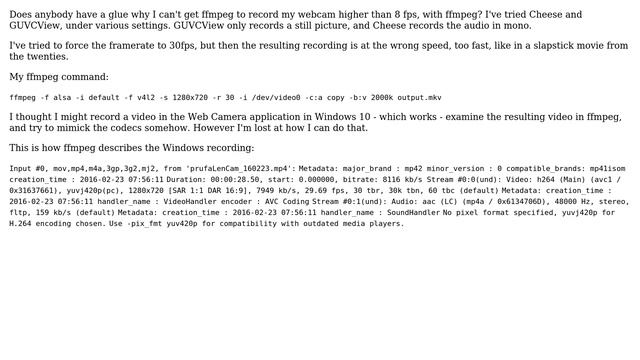 Ubuntu: Recording Lenovo Easy Camera with ffmpeg - framerate too low смотреть онлайн