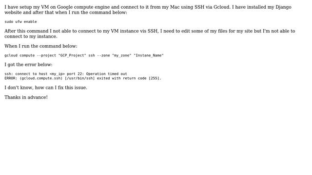 Google Compute Engine ssh: connect to host ＜IP＞ port 22: Operation timed out смотреть онлайн