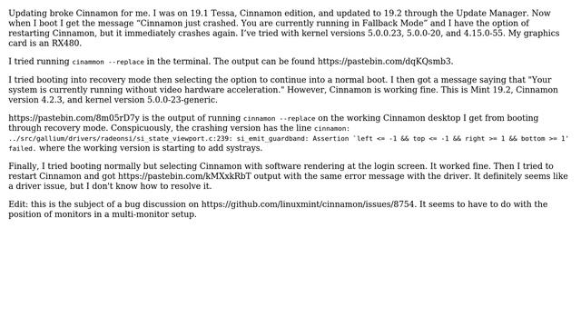 Linux Mint 19.1-＞19.2 upgrade broke Cinnamon - driver issue? смотреть онлайн