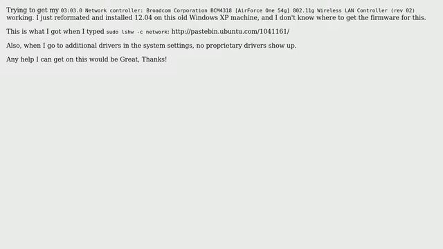 Ubuntu: No firmware found for Broadcom wireless card (BCM4318) on Dell Latitude D610 смотреть онлайн