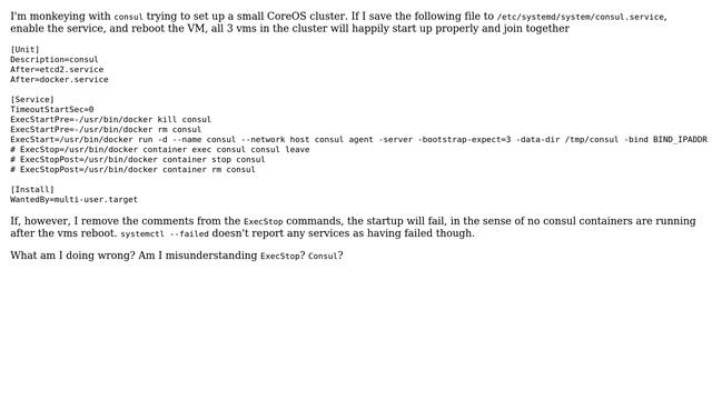 Unix & Linux: Including ExecStop commands makes service (consul) fail to start properly смотреть онлайн