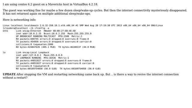 Virtualbox CentOs guest intermittently loses internet connectivity after sleep on Mac Host смотреть онлайн