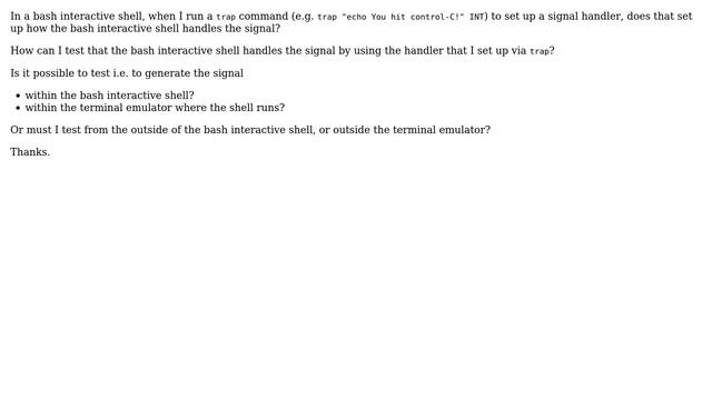 How can I test that the bash interactive shell handles the signal using the handler that I set... смотреть онлайн