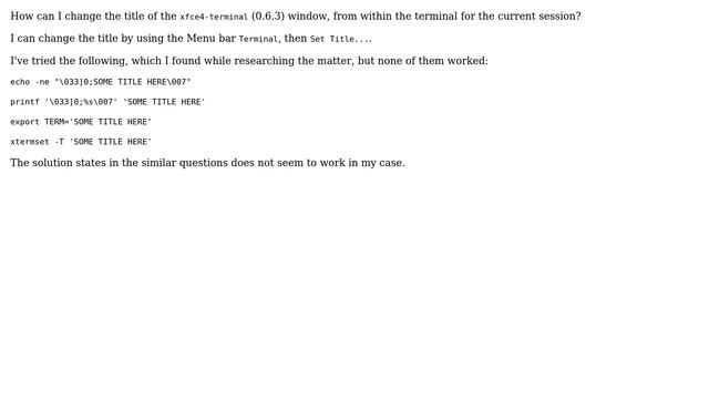 Unix & Linux: Temporarily change the xfce4-terminal title from within the terminal смотреть онлайн