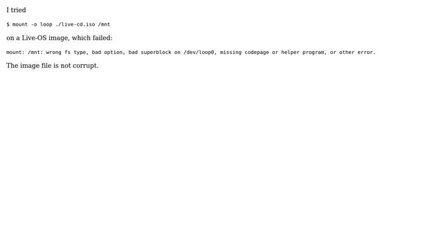 Mounting as loop device fails with "wrong fs type, bad option, bad superblock, ..." смотреть онлайн