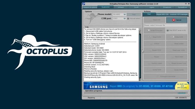 Samsung SM-N900 (Note 3 Android 4.4.2) Unlock with Octoplus Box смотреть онлайн