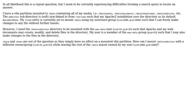 Change owner/group of a subdirectory of an fstab-mounted vfat partition смотреть онлайн