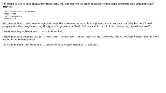 How to run programs with arguments like 'arg=val' (e.g. dd) in rc shell (Linux version ported... смотреть онлайн