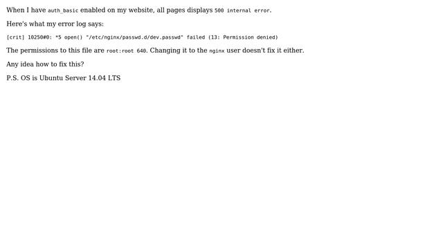 Ubuntu: Enabling auth_basic in Nginx displays 500 Internel Error смотреть онлайн