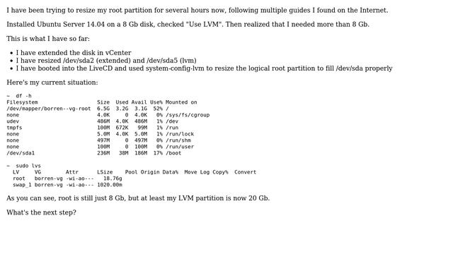 Ubuntu: Resize root partition when using LVM on 14.04 смотреть онлайн
