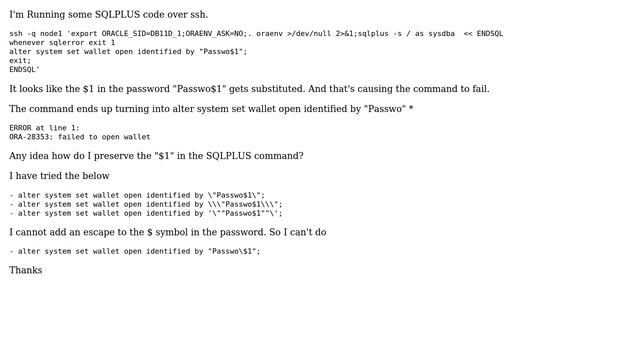 Unix & Linux: ssh sqlplus command has $ symbol and it gets substituted смотреть онлайн
