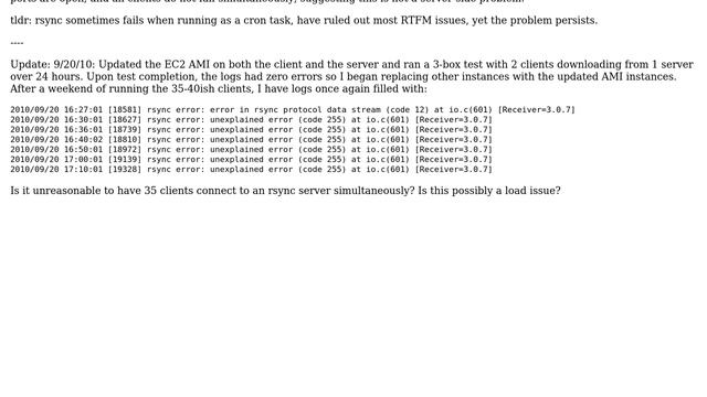 Intermittent rsync over ssh errors via cron w/ Ubuntu 10.04: unexplained & protocol data stream смотреть онлайн