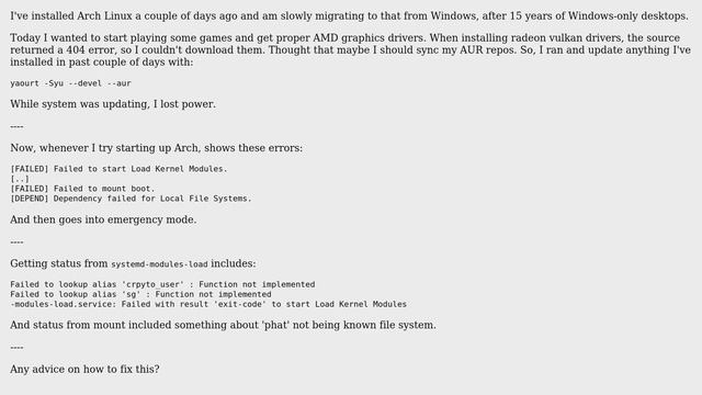 Unix & Linux: Power loss while updating arch linux, can't boot into OS anymore смотреть онлайн