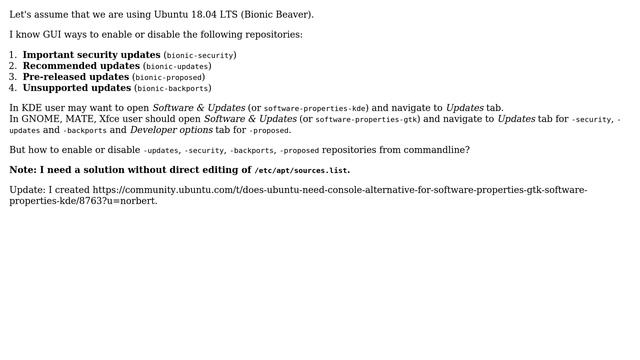 How to enable or disable -updates, -security, -backports, -proposed repositories from commandline? смотреть онлайн