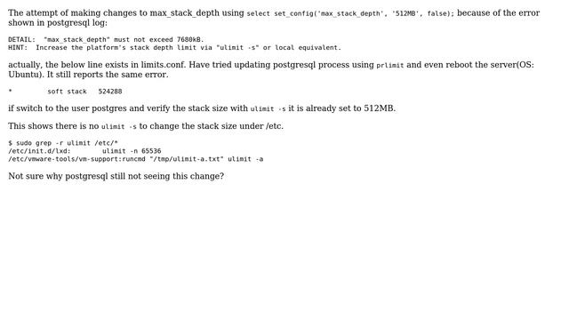 Databases: max_stack_depth not changed even stack changed in limits.conf смотреть онлайн