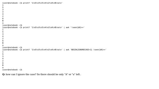 Unix & Linux: How to remove duplicate lines while keeping the order AND ignoring case? смотреть онлайн
