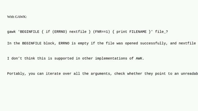 Unix: awk (and gawk) : how to avoid fatal error when 1 of the N input files is unreadable смотреть онлайн