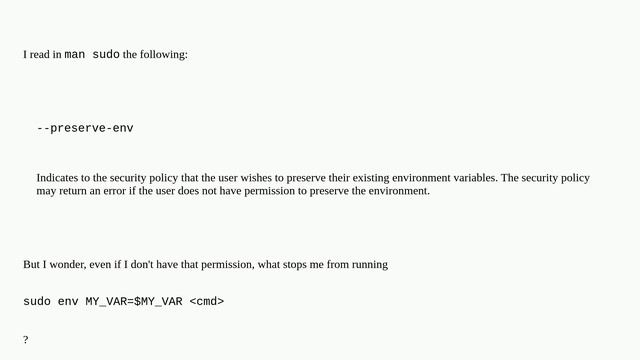 Unix: sudo --preserve-env=MY_VAR vs sudo env MY_VAR=$MY_VAR смотреть онлайн