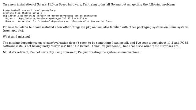 Unix & Linux: Can't install Golang on Solaris via pkg - release/evaluation dependency смотреть онлайн