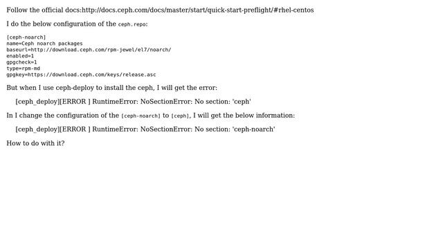 Unix & Linux: [ceph_deploy][ERROR ] RuntimeError: NoSectionError: No section: 'ceph' смотреть онлайн