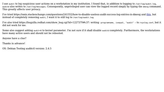 Unix & Linux: How to exclude auditd messages from dmesg and only log them in /var/log/audit.log? смотреть онлайн