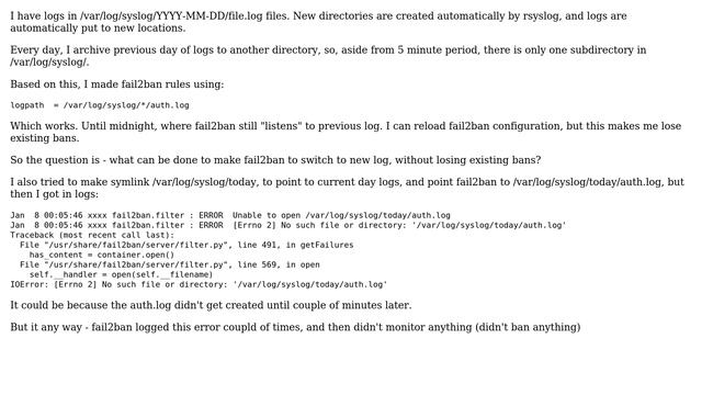 DevOps & SysAdmins: Point fail2ban to new log, without losing current bans? смотреть онлайн