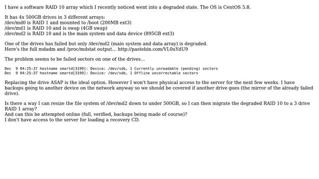 Linux software RAID 10 array, failed drive, resize file system and migrate to a 3 drive RAID 1? смотреть онлайн