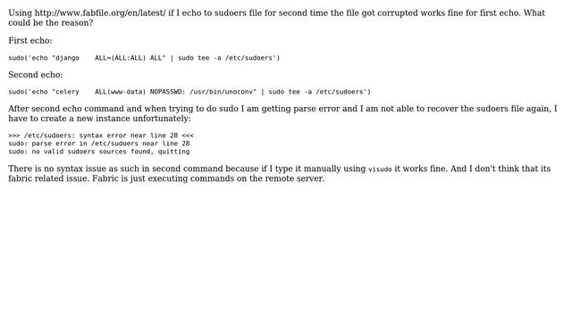 Ubuntu: echo to /etc/sudoers causing pasrse error смотреть онлайн