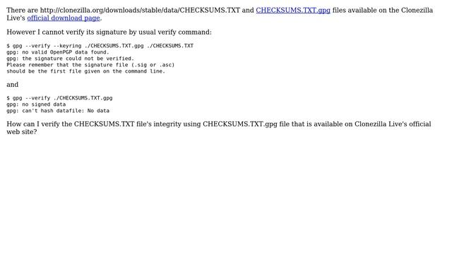 Clonezilla's checksums file verification using signature with gpg extension смотреть онлайн