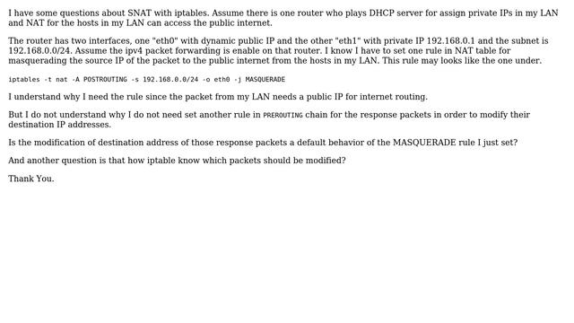 Why SNAT works by setting one rules in tables without the rules in PREROUTING chain? смотреть онлайн