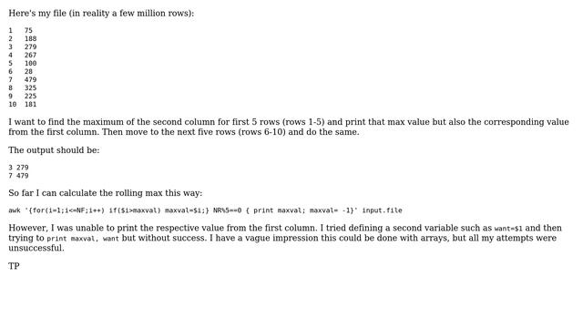 Unix & Linux: Using awk to calculate 'rolling max' and print respective record from column 2 смотреть онлайн