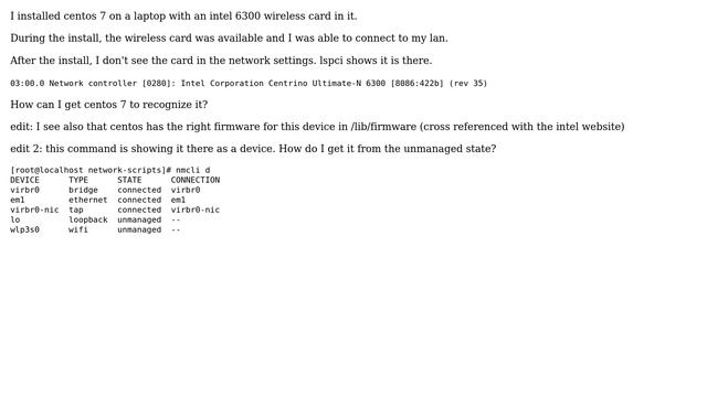 Unix & Linux: Intel 6300 wireless card won't work on CentOS 7 - worked during install though! смотреть онлайн