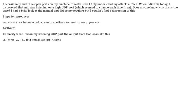 Unix & Linux: Why is my trace route (mtr) binding a UDP port when it runs? смотреть онлайн