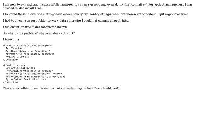 installed TRAC and SVN on ubuntu server 12.04LTS - login not working, and no svn connection смотреть онлайн