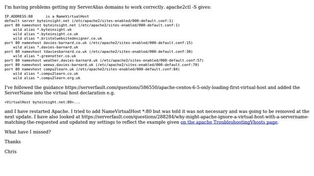 Apache ignoring Server Alias and going to first virtual host смотреть онлайн