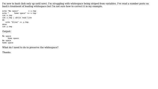 Unix & Linux: bash is stripping leading whitespace from variables смотреть онлайн