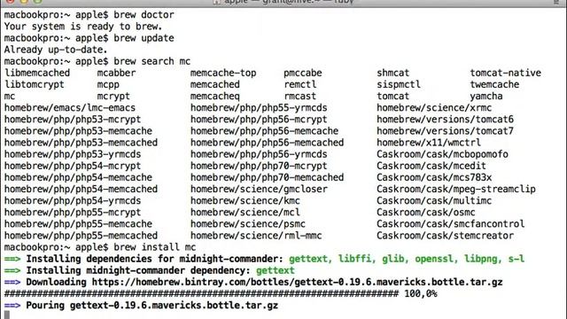 Установка Midnight Commander (MC) через Homebrew, OS X Mavericks смотреть онлайн
