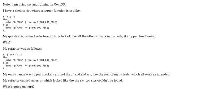 Unix & Linux: Why does "if tty -s" work but "if [ tty -s ]" does not? смотреть онлайн