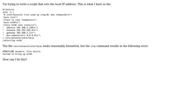 Trying to reset local ip address with a script that edits /etc/network/interfaces смотреть онлайн