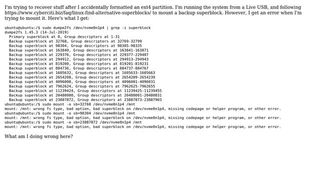 Unix & Linux: How to mount a backup ext4 superblock? I got an error when following instructions? смотреть онлайн