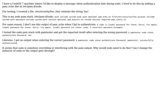 DevOps & SysAdmins: Why can't I use pam_echo.so in the sudo pam stack? смотреть онлайн