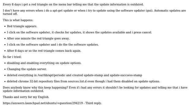 Ubuntu: Update information outdated. Apt-get update shows no errors. No automatic updates смотреть онлайн