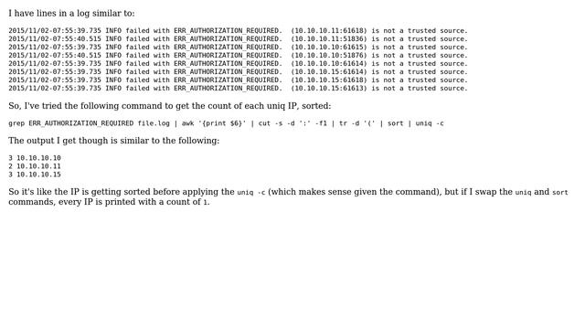 Unix & Linux: Why does this command not sort based on the uniq count? смотреть онлайн