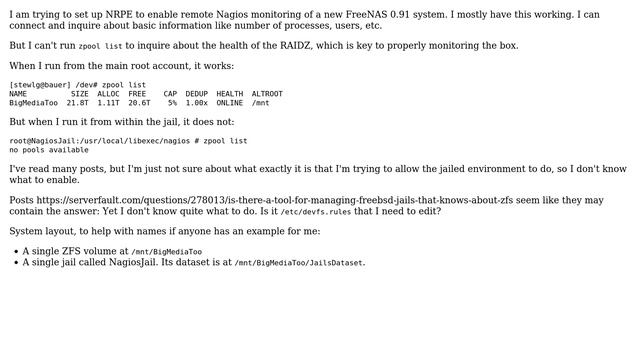 DevOps & SysAdmins: FreeNAS/FreeBSD: How to access status of ZFS volume from jail? смотреть онлайн