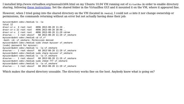 Unix & Linux: Can't do chown/chgrp/chmod on shared dir in VirtualBox Ubuntu 10.04 смотреть онлайн